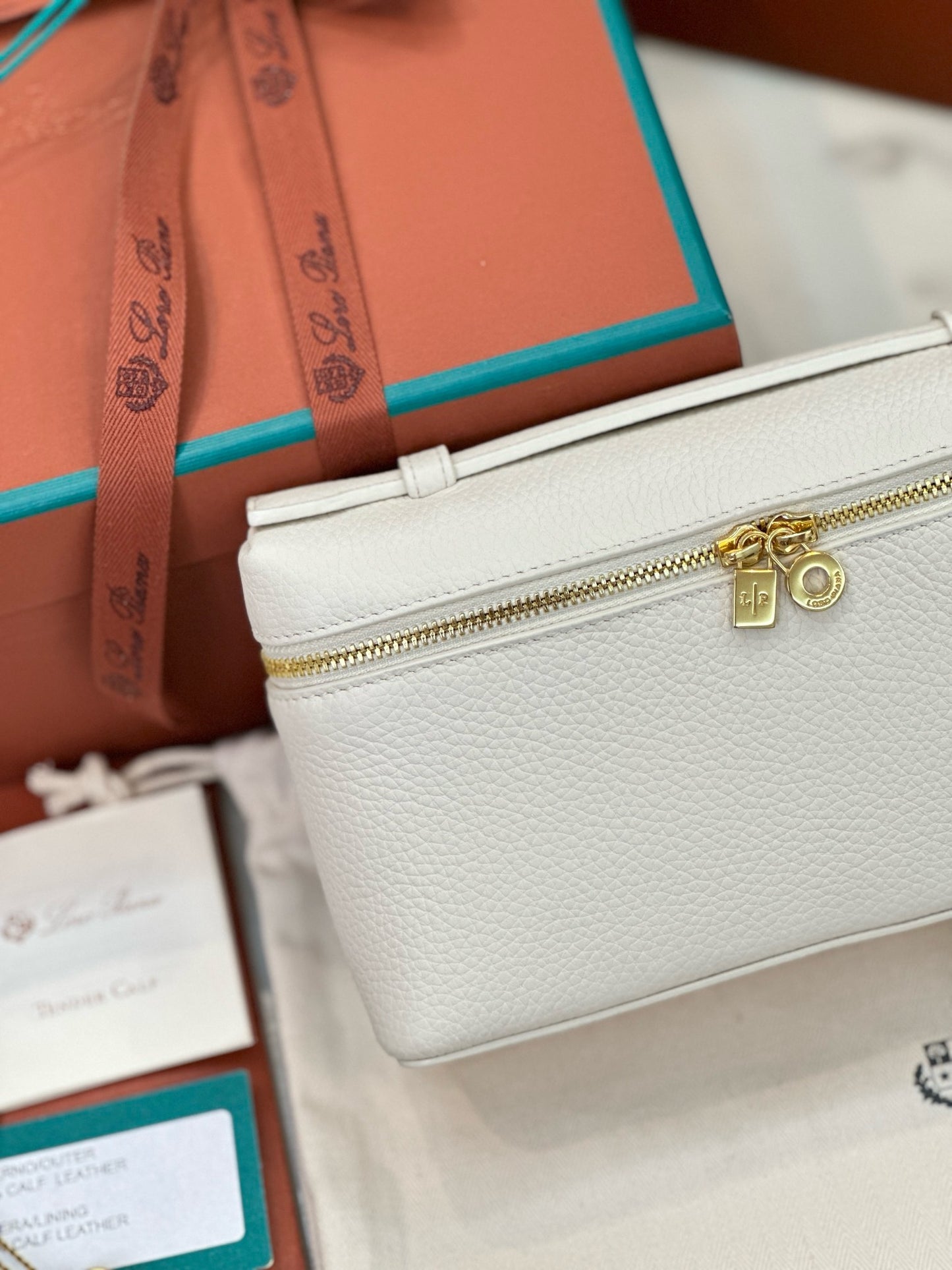 Loro Piana Extra Pocket LP19 Calfskin bag in White/ Cream with Gold zip
