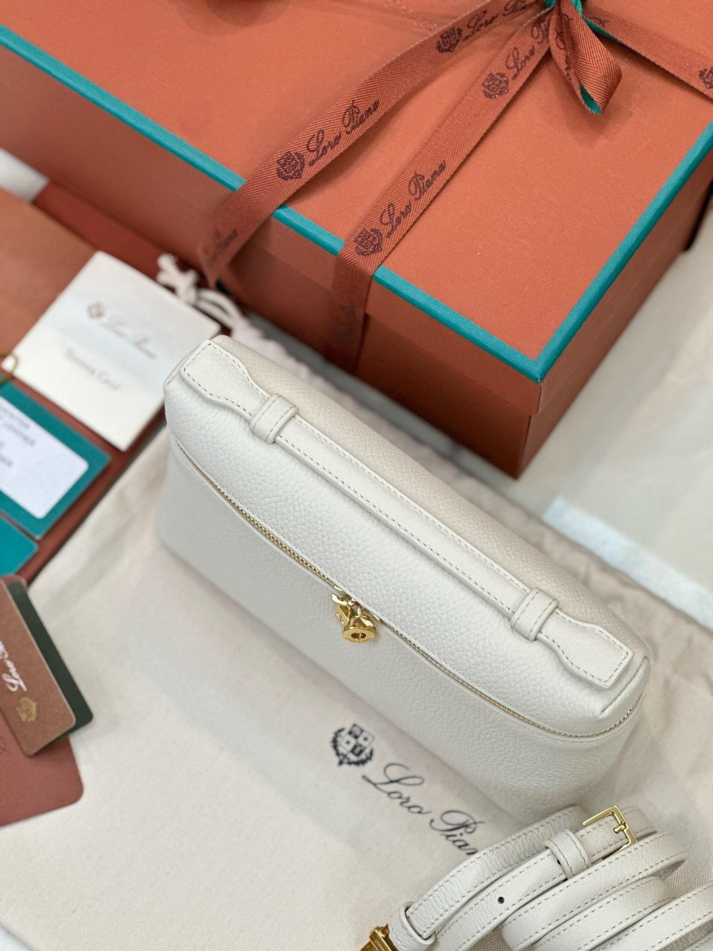 Loro Piana Extra Pocket LP19 Calfskin bag in White/ Cream with Gold zip
