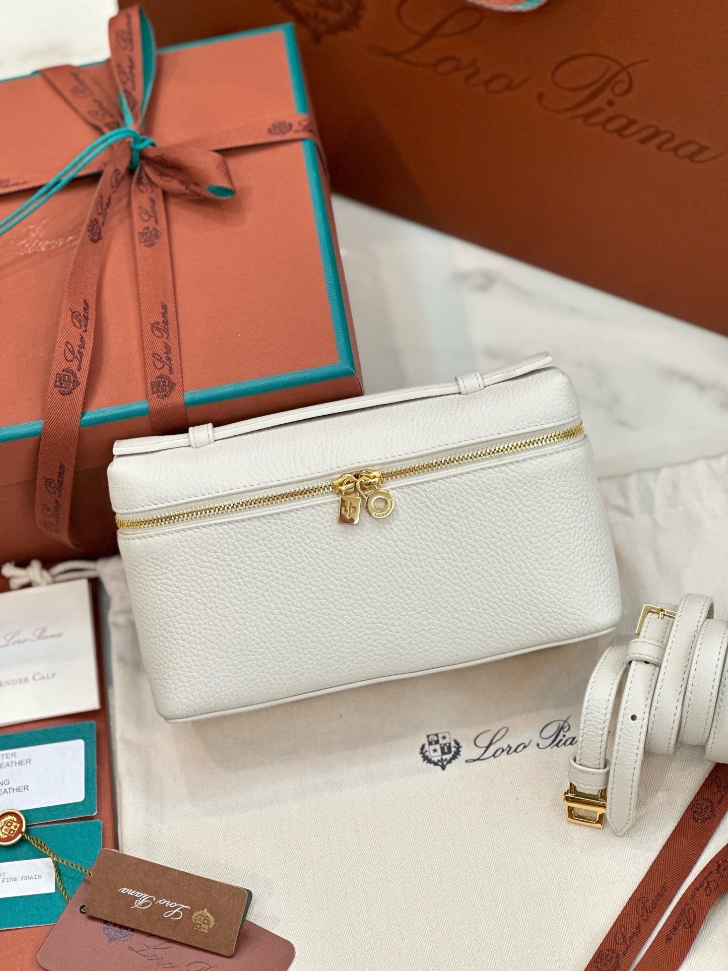Loro Piana Extra Pocket LP19 Calfskin bag in White/ Cream with Gold zip